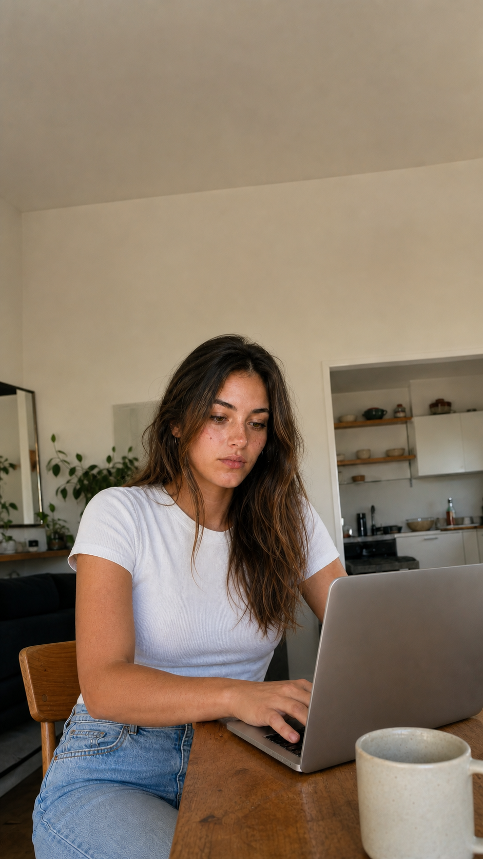 Ashley sitting at a laptop in her apartment